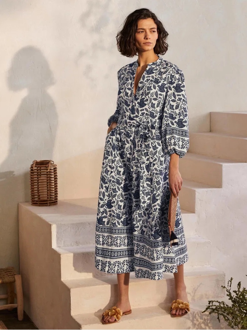 Boden Addie Linen Blue and White Floral Print Midi Shirt Dress Size 10 petite